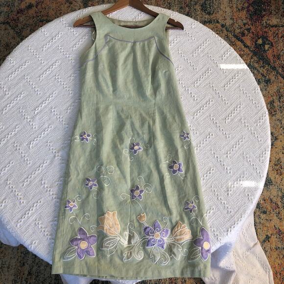 Y2K Sangria Linen-Blend Sage Green Embroidered Floral Shift Dress Sz 8 Cottage - Picture 1 of 11
